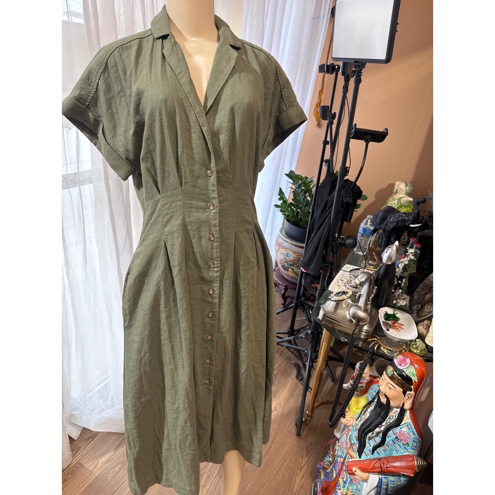 Universal Thread Olive Green Linen Blend Button Down Midi Shirt Dress Size 6